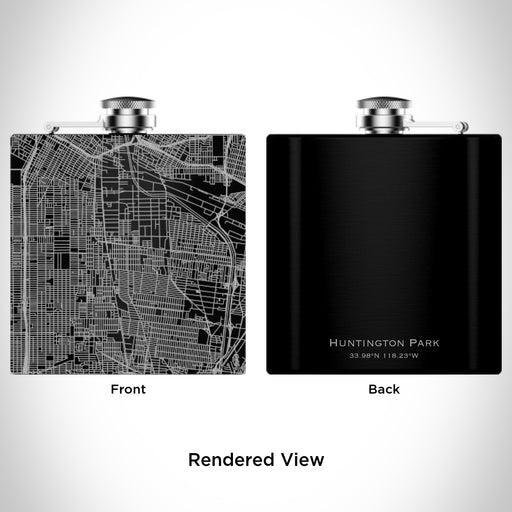 Rendered View of Huntington Park California Map Engraving on 6oz Stainless Steel Flask in Black