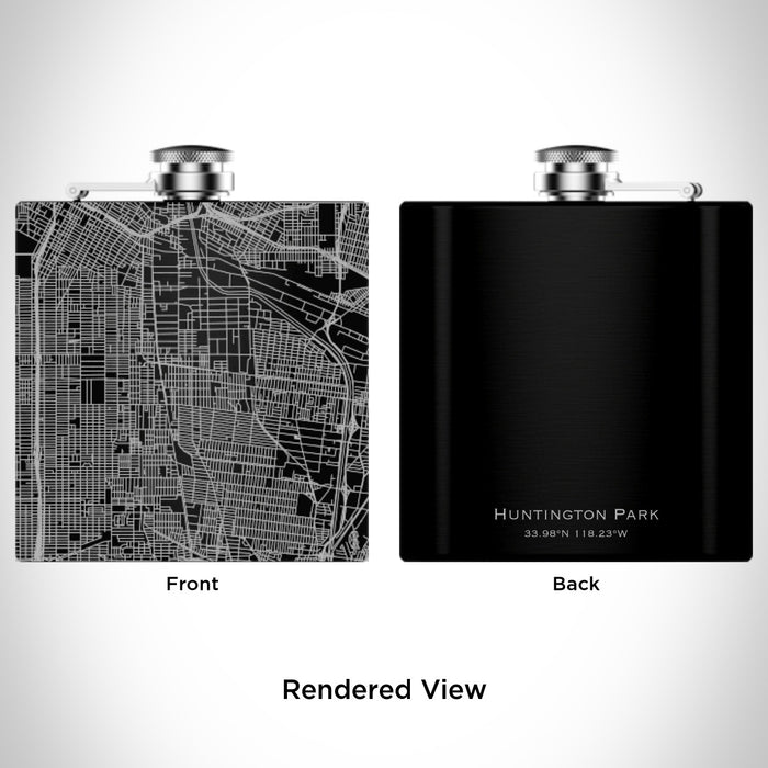 Rendered View of Huntington Park California Map Engraving on 6oz Stainless Steel Flask in Black