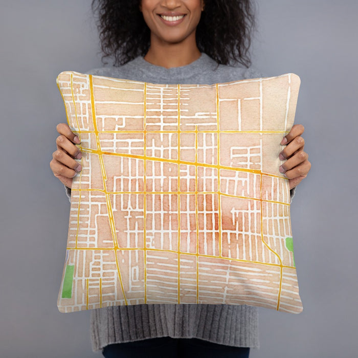 Person holding 18x18 Custom Huntington Park California Map Throw Pillow in Watercolor