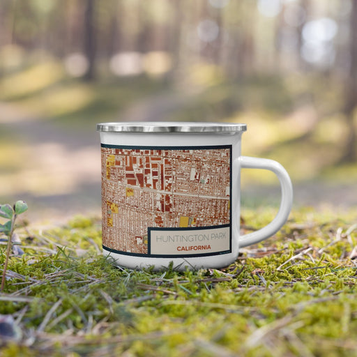 Right View Custom Huntington Park California Map Enamel Mug in Woodblock on Grass With Trees in Background