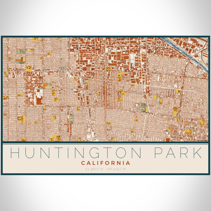 Huntington Park California Map Print Landscape Orientation in Woodblock Style With Shaded Background