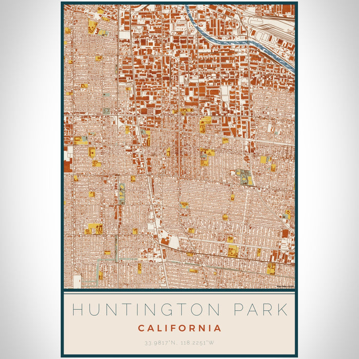 Huntington Park California Map Print Portrait Orientation in Woodblock Style With Shaded Background