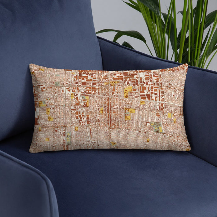 Custom Huntington Park California Map Throw Pillow in Woodblock on Blue Colored Chair