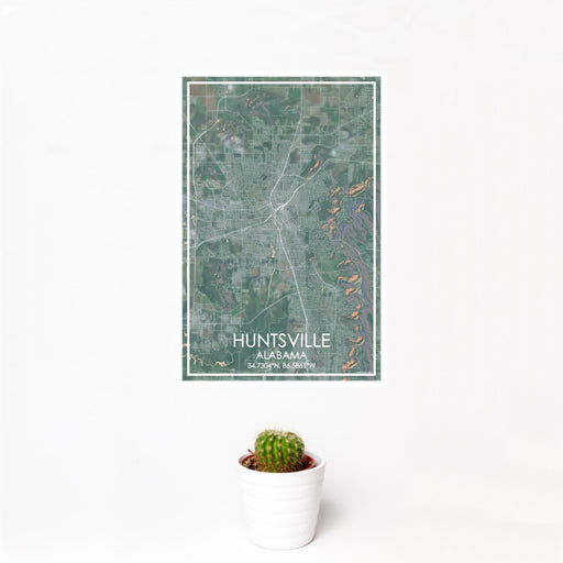 12x18 Huntsville Alabama Map Print Portrait Orientation in Afternoon Style With Small Cactus Plant in White Planter