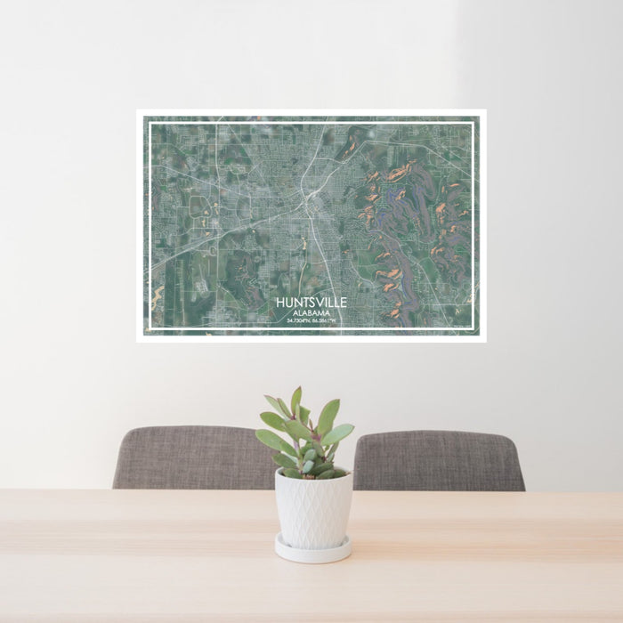 24x36 Huntsville Alabama Map Print Lanscape Orientation in Afternoon Style Behind 2 Chairs Table and Potted Plant