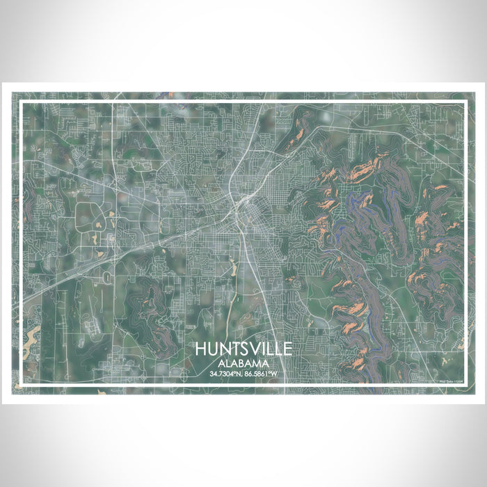 Huntsville Alabama Map Print Landscape Orientation in Afternoon Style With Shaded Background
