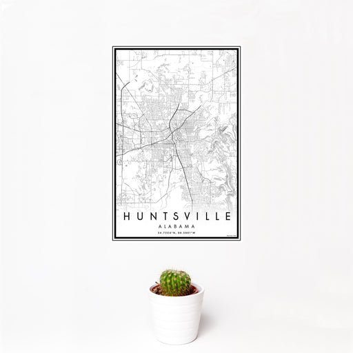 12x18 Huntsville Alabama Map Print Portrait Orientation in Classic Style With Small Cactus Plant in White Planter