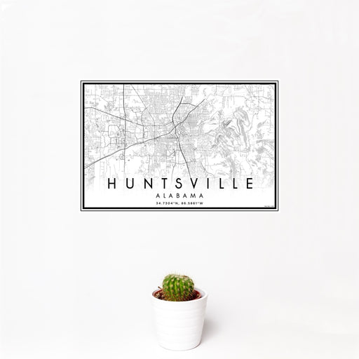 12x18 Huntsville Alabama Map Print Landscape Orientation in Classic Style With Small Cactus Plant in White Planter