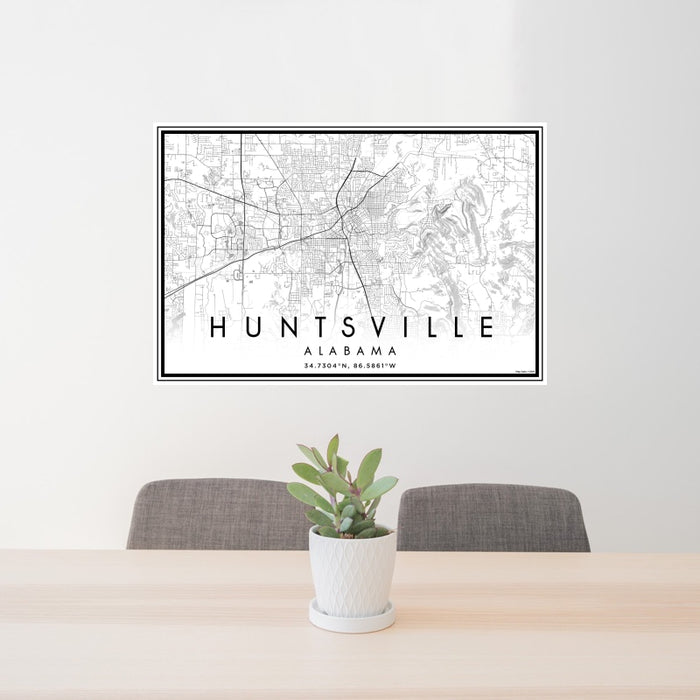 24x36 Huntsville Alabama Map Print Landscape Orientation in Classic Style Behind 2 Chairs Table and Potted Plant