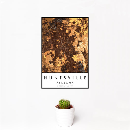 12x18 Huntsville Alabama Map Print Portrait Orientation in Ember Style With Small Cactus Plant in White Planter