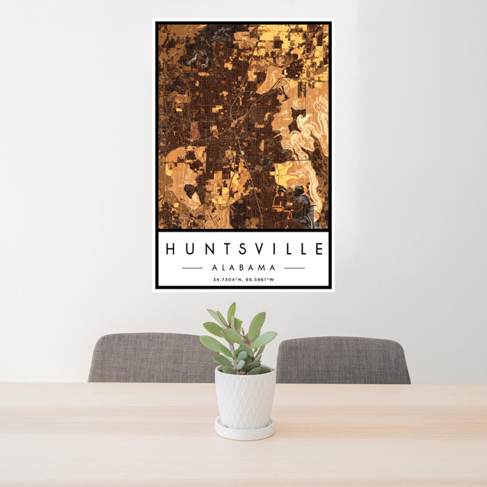 24x36 Huntsville Alabama Map Print Portrait Orientation in Ember Style Behind 2 Chairs Table and Potted Plant