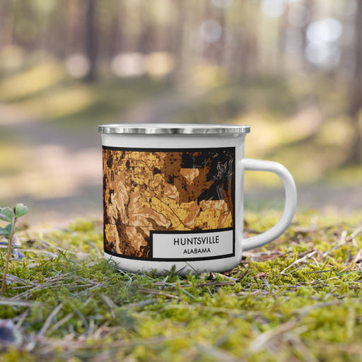 Right View Custom Huntsville Alabama Map Enamel Mug in Ember on Grass With Trees in Background