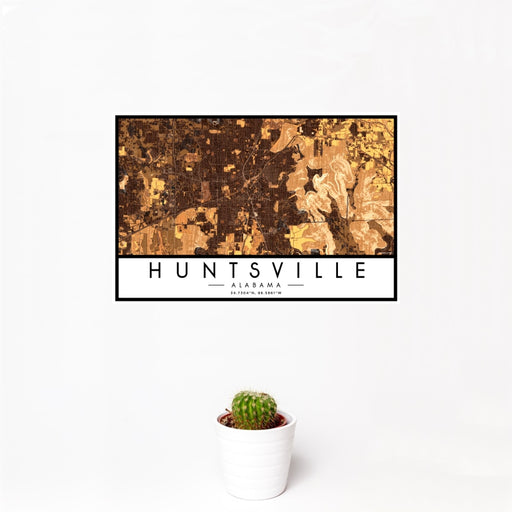 12x18 Huntsville Alabama Map Print Landscape Orientation in Ember Style With Small Cactus Plant in White Planter