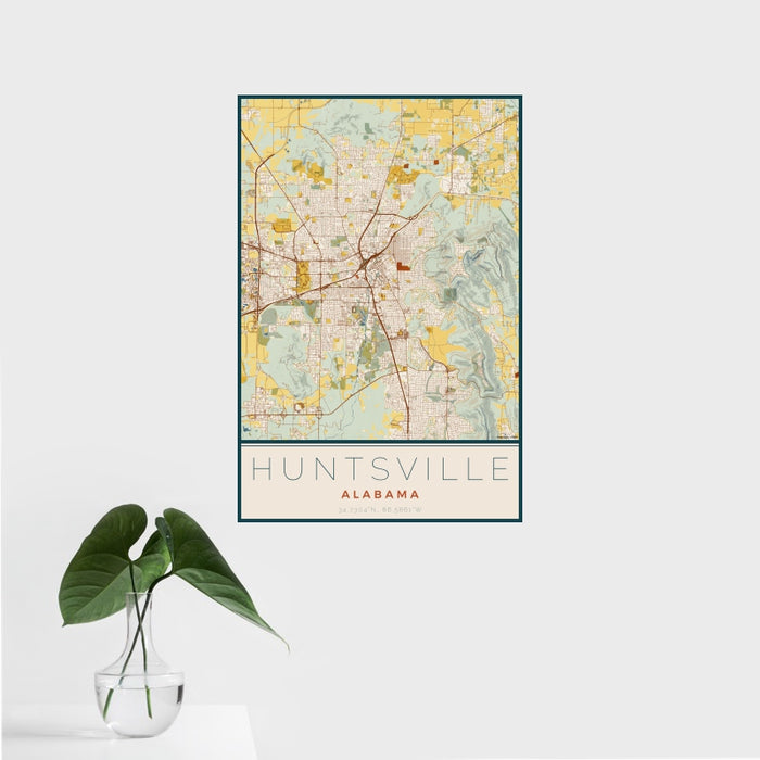 16x24 Huntsville Alabama Map Print Portrait Orientation in Woodblock Style With Tropical Plant Leaves in Water