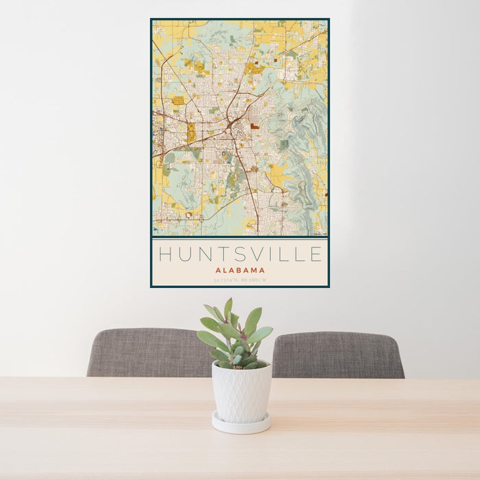 24x36 Huntsville Alabama Map Print Portrait Orientation in Woodblock Style Behind 2 Chairs Table and Potted Plant