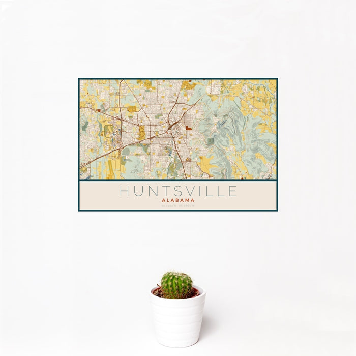 12x18 Huntsville Alabama Map Print Landscape Orientation in Woodblock Style With Small Cactus Plant in White Planter