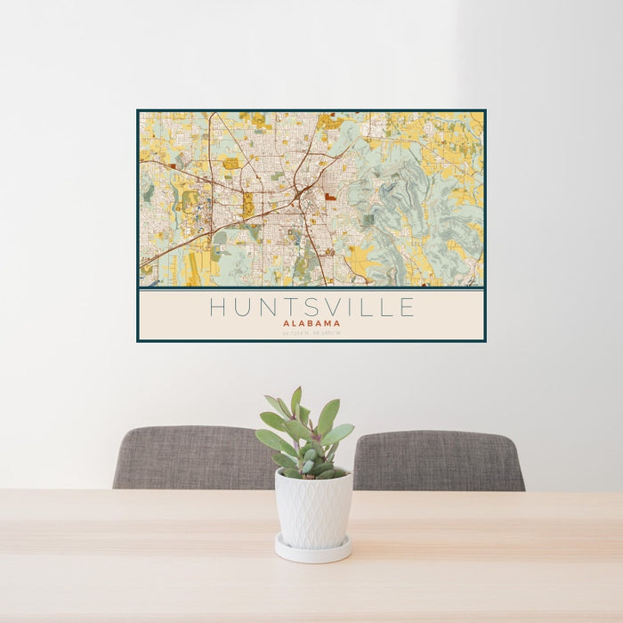 24x36 Huntsville Alabama Map Print Landscape Orientation in Woodblock Style Behind 2 Chairs Table and Potted Plant