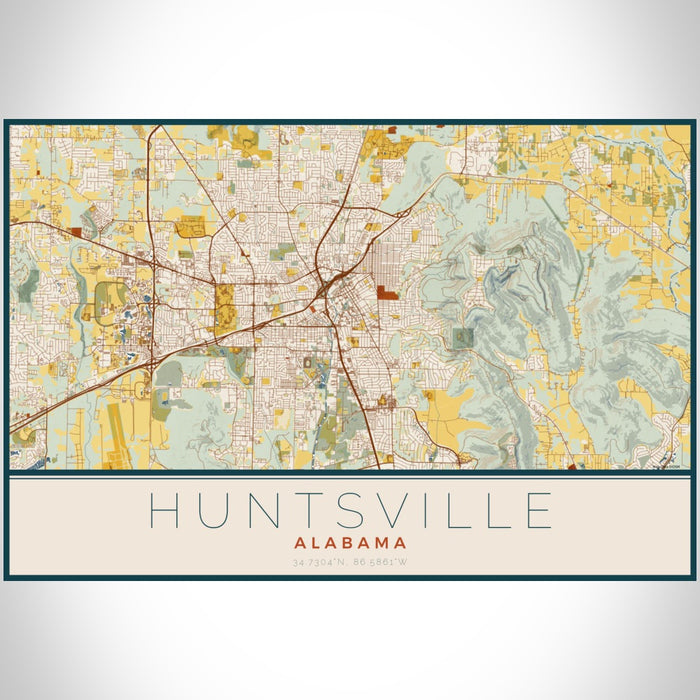 Huntsville Alabama Map Print Landscape Orientation in Woodblock Style With Shaded Background