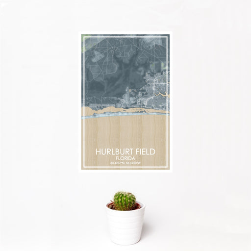 12x18 Hurlburt Field Florida Map Print Portrait Orientation in Afternoon Style With Small Cactus Plant in White Planter