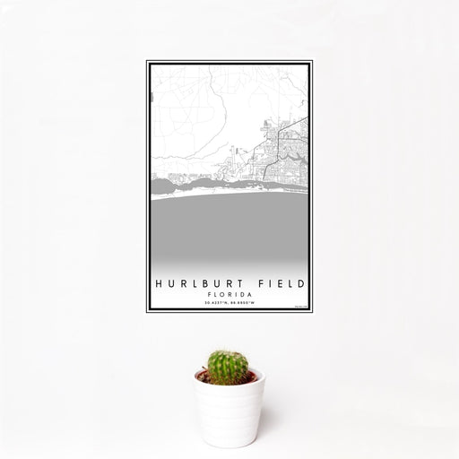 12x18 Hurlburt Field Florida Map Print Portrait Orientation in Classic Style With Small Cactus Plant in White Planter