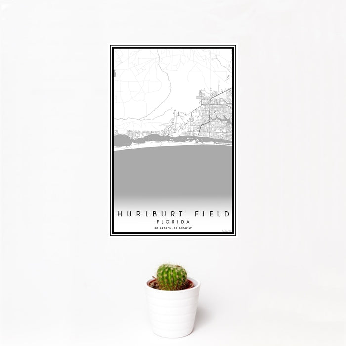12x18 Hurlburt Field Florida Map Print Portrait Orientation in Classic Style With Small Cactus Plant in White Planter
