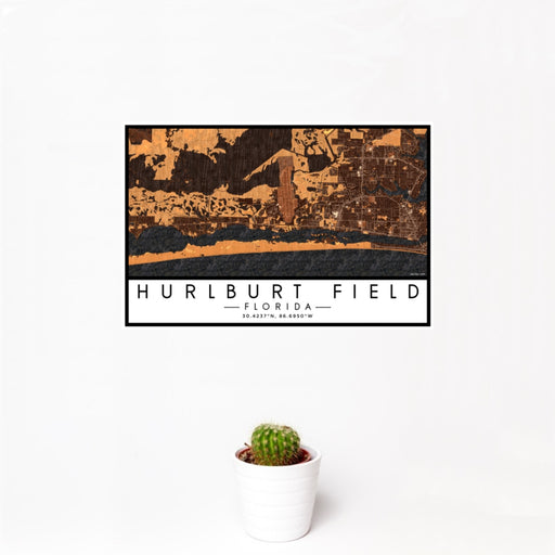 12x18 Hurlburt Field Florida Map Print Landscape Orientation in Ember Style With Small Cactus Plant in White Planter