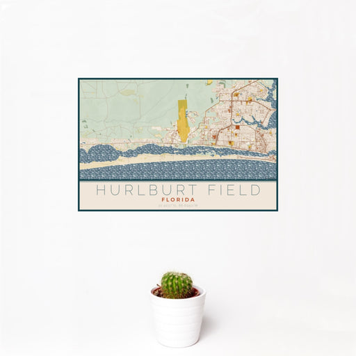 12x18 Hurlburt Field Florida Map Print Landscape Orientation in Woodblock Style With Small Cactus Plant in White Planter