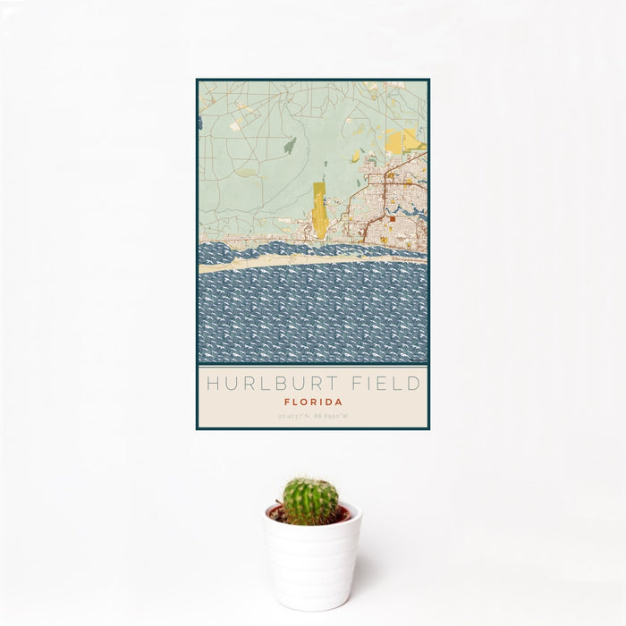 12x18 Hurlburt Field Florida Map Print Portrait Orientation in Woodblock Style With Small Cactus Plant in White Planter