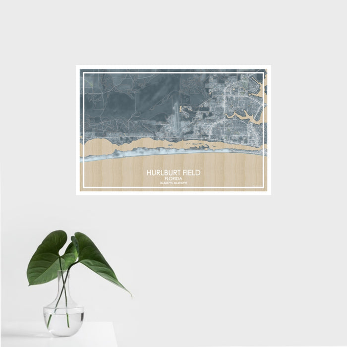 16x24 Hurlburt Field Florida Map Print Landscape Orientation in Afternoon Style With Tropical Plant Leaves in Water