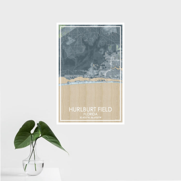 16x24 Hurlburt Field Florida Map Print Portrait Orientation in Afternoon Style With Tropical Plant Leaves in Water