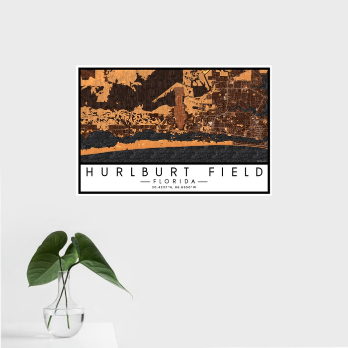 16x24 Hurlburt Field Florida Map Print Landscape Orientation in Ember Style With Tropical Plant Leaves in Water