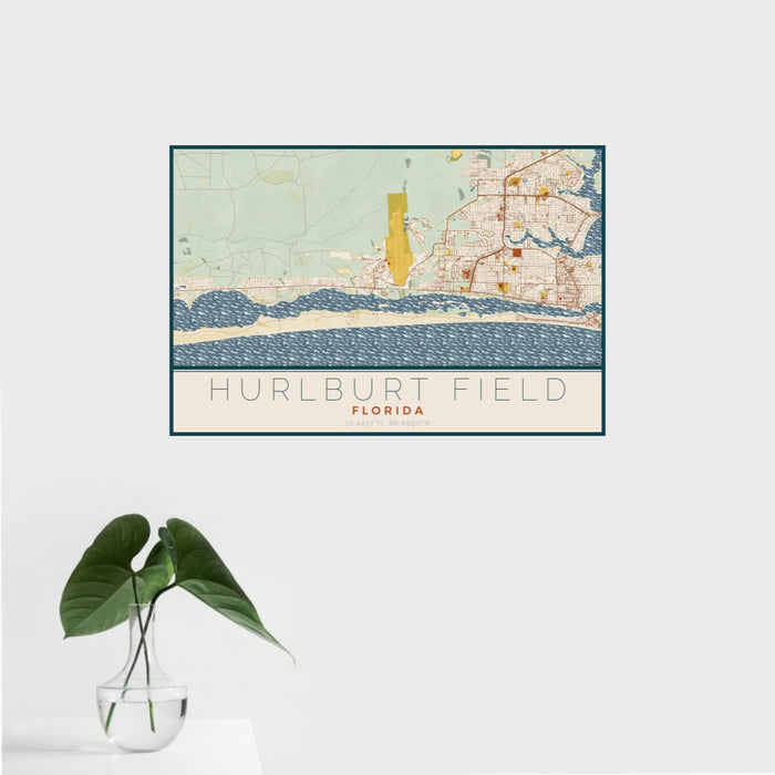 16x24 Hurlburt Field Florida Map Print Landscape Orientation in Woodblock Style With Tropical Plant Leaves in Water