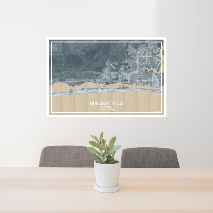 24x36 Hurlburt Field Florida Map Print Lanscape Orientation in Afternoon Style Behind 2 Chairs Table and Potted Plant