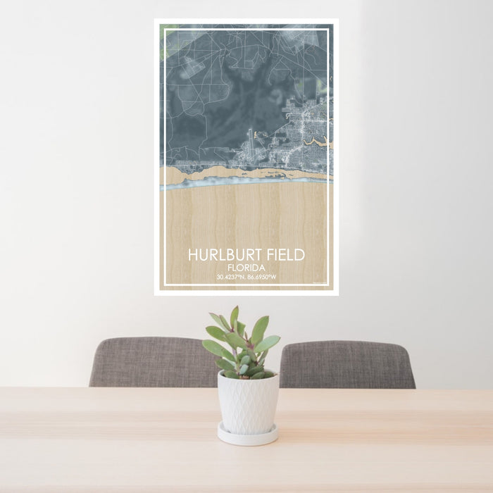 24x36 Hurlburt Field Florida Map Print Portrait Orientation in Afternoon Style Behind 2 Chairs Table and Potted Plant
