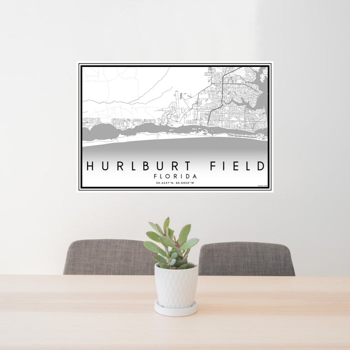 24x36 Hurlburt Field Florida Map Print Lanscape Orientation in Classic Style Behind 2 Chairs Table and Potted Plant