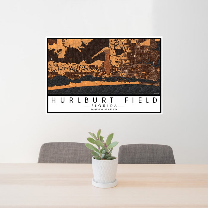 24x36 Hurlburt Field Florida Map Print Lanscape Orientation in Ember Style Behind 2 Chairs Table and Potted Plant