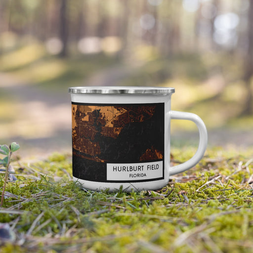 Right View Custom Hurlburt Field Florida Map Enamel Mug in Ember on Grass With Trees in Background