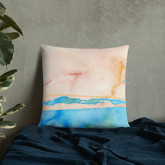 Custom Hurlburt Field Florida Map Throw Pillow in Watercolor on Bedding Against Wall
