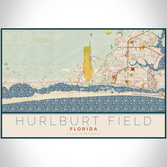 Hurlburt Field Florida Map Print Landscape Orientation in Woodblock Style With Shaded Background
