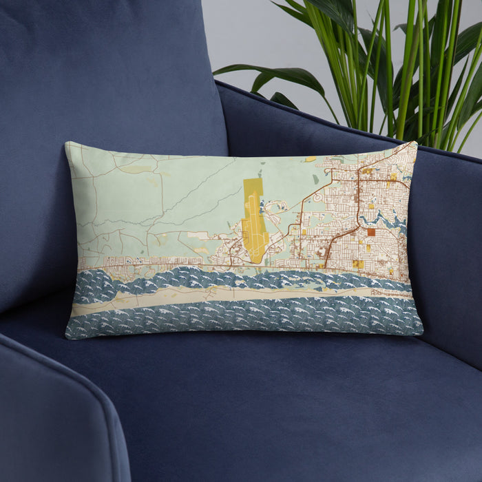 Custom Hurlburt Field Florida Map Throw Pillow in Woodblock on Blue Colored Chair