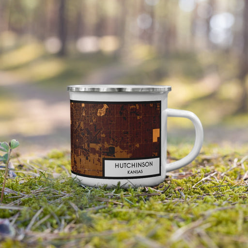 Right View Custom Hutchinson Kansas Map Enamel Mug in Ember on Grass With Trees in Background