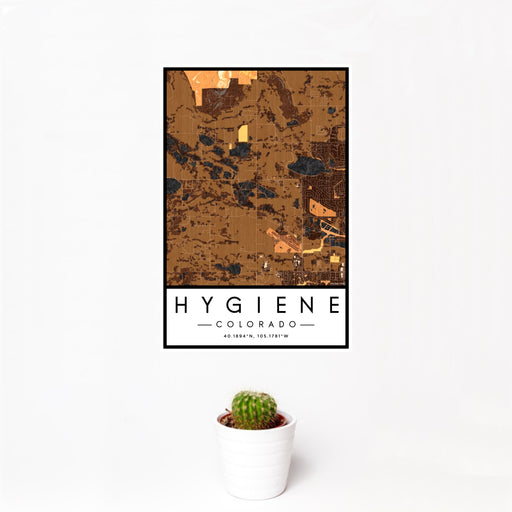 12x18 Hygiene Colorado Map Print Portrait Orientation in Ember Style With Small Cactus Plant in White Planter