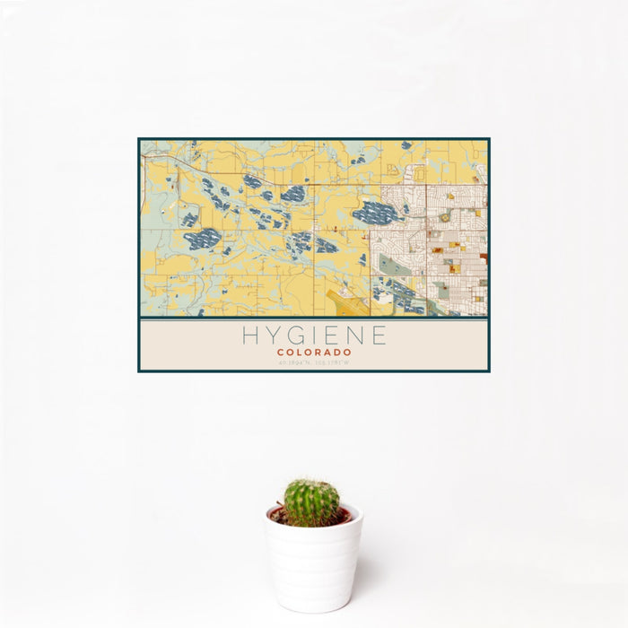 12x18 Hygiene Colorado Map Print Landscape Orientation in Woodblock Style With Small Cactus Plant in White Planter