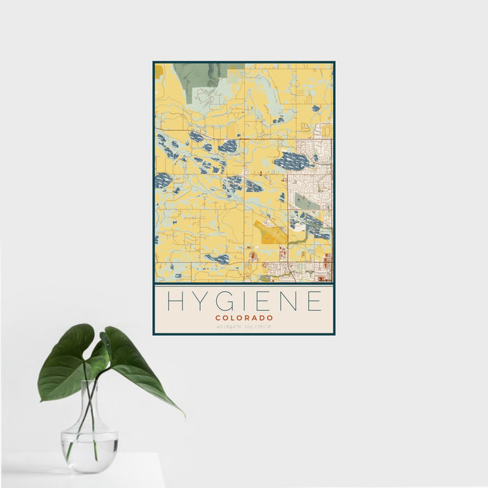16x24 Hygiene Colorado Map Print Portrait Orientation in Woodblock Style With Tropical Plant Leaves in Water