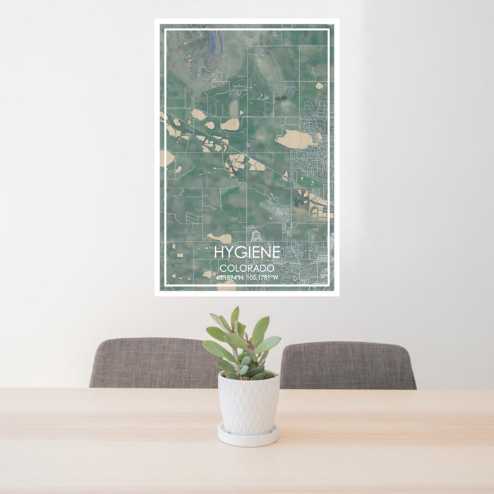 24x36 Hygiene Colorado Map Print Portrait Orientation in Afternoon Style Behind 2 Chairs Table and Potted Plant