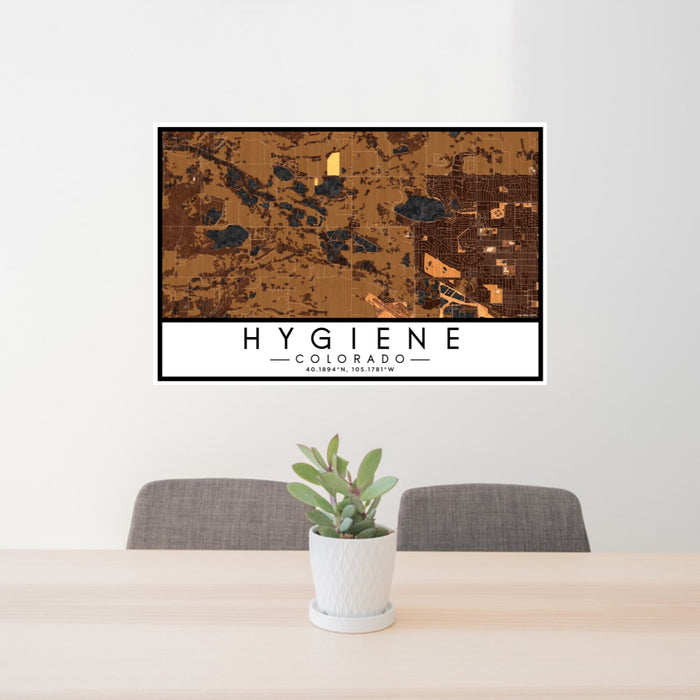 24x36 Hygiene Colorado Map Print Lanscape Orientation in Ember Style Behind 2 Chairs Table and Potted Plant