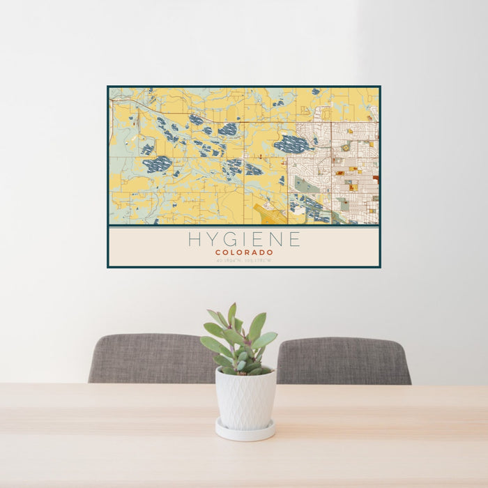 24x36 Hygiene Colorado Map Print Lanscape Orientation in Woodblock Style Behind 2 Chairs Table and Potted Plant
