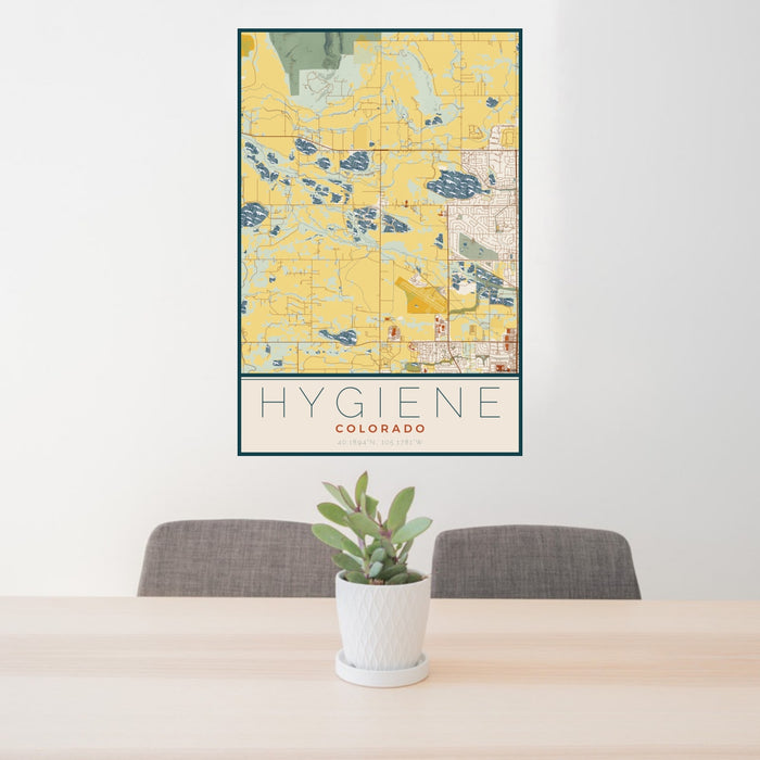 24x36 Hygiene Colorado Map Print Portrait Orientation in Woodblock Style Behind 2 Chairs Table and Potted Plant