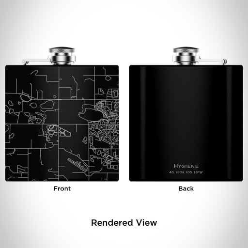 Rendered View of Hygiene Colorado Map Engraving on 6oz Stainless Steel Flask in Black