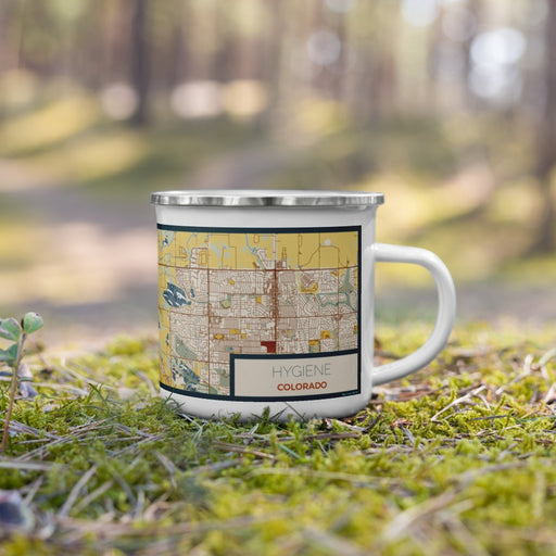 Right View Custom Hygiene Colorado Map Enamel Mug in Woodblock on Grass With Trees in Background